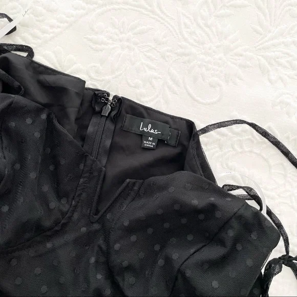NWOT Lulus Romantic Spot Black Polka Dot Mesh Tiered Midi Dress - Picture 4 of 8